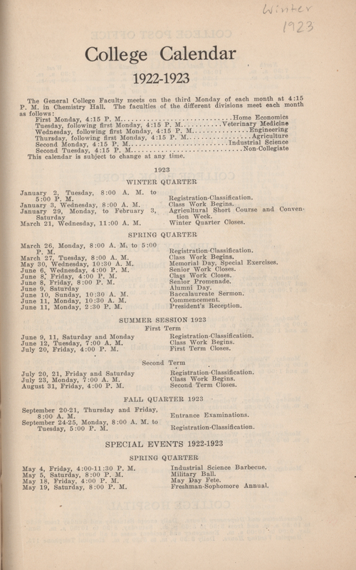 This directory from Iowa State College for the winter quarter of 1923 contains lists of students, faculty, university offices, and campus clubs. It also includes the academic calendar for 1922���1923, information about campus services such as the library, hospital, and post office, and a directory of campus departments and personnel.