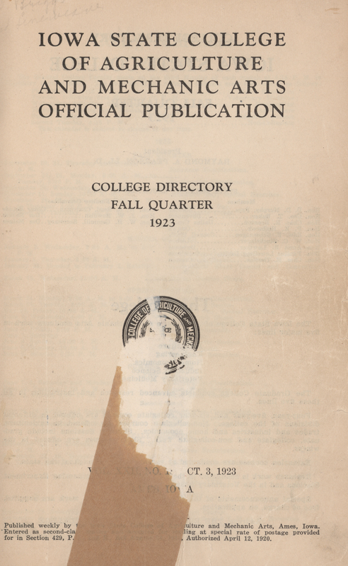 This directory from Iowa State College's 1923 fall quarter lists student and faculty members at the college. It also lists information about various campus buildings and provides the calendar for the 1923-1924 academic year. Another calendar lists special events for the academic year.