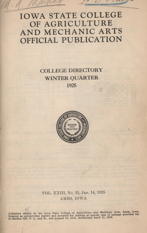 This directory is from the Iowa State College winter 1925 quarter. It lists faculty and students at the college, and the hours of buildings on campus. It also includes an academic calendar and a calendar of special events.