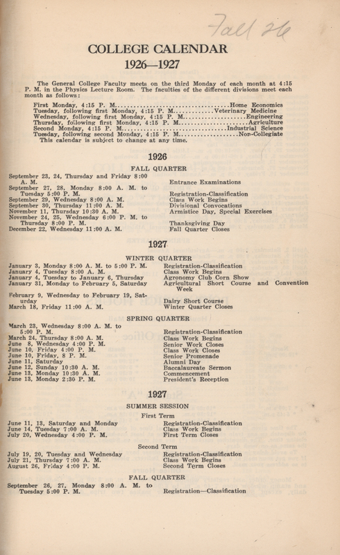 This directory from the Iowa State College fall 1926 quarter. It lists faculty and students at the college, and the hours of buildings on campus. It also includes an academic calendar and a calendar of special events.