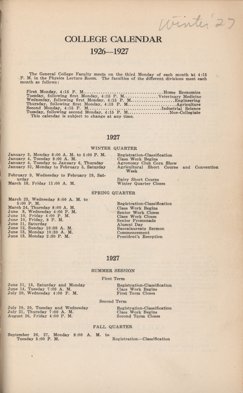 This directory is from the Iowa State College winter 1927 quarter. It lists faculty and students at the college, and the hours of buildings on campus. It also includes an academic calendar and a calendar of special events.