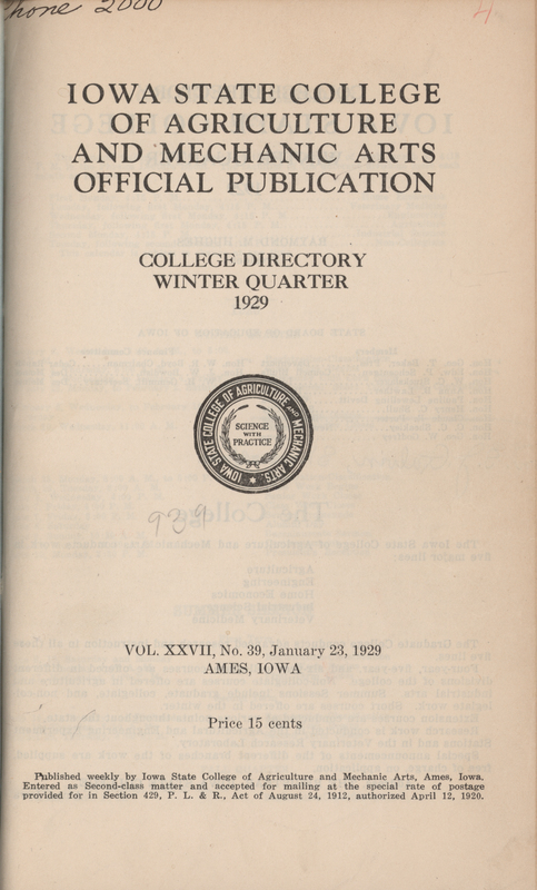 This directory from Iowa State College for the winter 1929 quarter contains lists of students, faculty, university offices, clubs, and an academic calendar.
