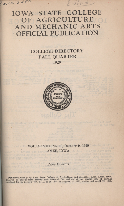 This directory from Iowa State College for the fall 1929 quarter contains lists of students, faculty, university offices, clubs, and an academic calendar.