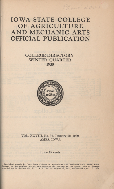 This directory from Iowa State College for the winter 1930 quarter contains lists of students, faculty, university offices, clubs, and an academic calendar.