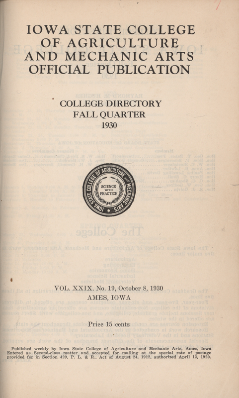 This directory from Iowa State College for the fall 1930 quarter contains lists of students, faculty, university offices, clubs, and an academic calendar.