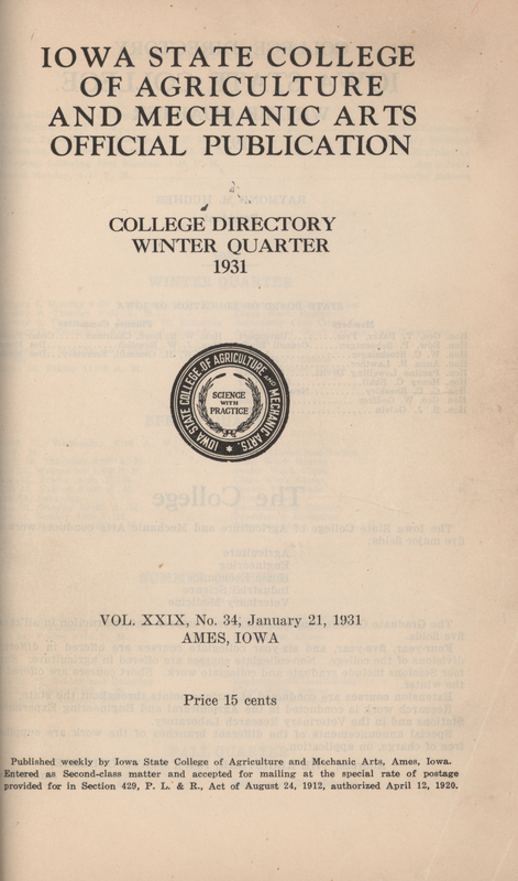 This directory from Iowa State College for the winter 1931 quarter contains lists of students, faculty, university offices, clubs, and an academic calendar.