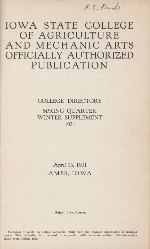 This directory from Iowa State College for the spring 1931 quarter contains lists of students and faculty.
