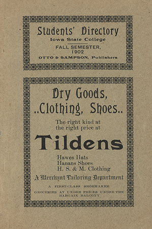 This directory from Iowa State College for the fall 1902 semester contains an alphabetized list of students' names and their residence locations, a list of faculty members, a list of clubs, and advertisements from Ames-area businesses.