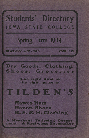 This directory from Iowa State College for the fall 1904 term contains an alphabetized list of students' names and their residence locations, a list of faculty members and administrators, a list of clubs, and advertisements from Ames-area businesses.