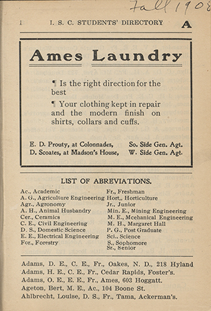 This directory from Iowa State College for the fall 1908 term contains lists of students, faculty, university offices, and clubs. Advertisements for community businesses appear throughout the directory.