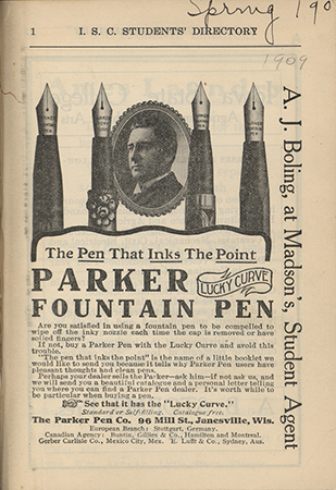 This directory from Iowa State College for the spring 1909 term contains lists of students, faculty, university offices, and clubs. Advertisements for community businesses appear throughout the directory.