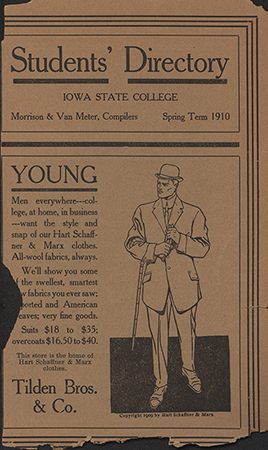 This directory from Iowa State College for the spring 1910 term contains lists of students, faculty, university offices, and clubs. Advertisements for community businesses appear throughout the directory.