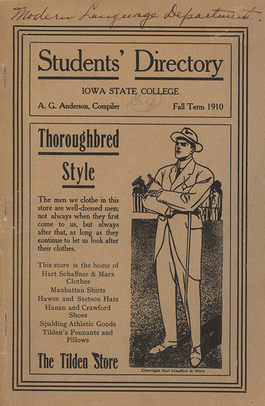 This directory from Iowa State College for the fall 1910 term contains lists of students, faculty, university offices, and clubs. Advertisements for community businesses appear throughout the directory.