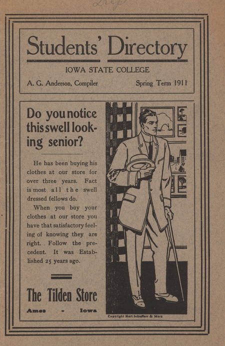This directory from Iowa State College for the spring 1911 term contains lists of students, faculty, university offices and clubs, and religious services. Advertisements for community businesses appear throughout the directory along with a map of the campus and surrounding community.