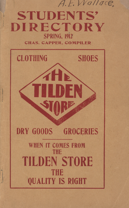 This directory from Iowa State College for the spring 1912 semester contains lists of students, faculty, university offices and clubs, and religious services. Advertisements for community businesses appear throughout the directory along with an academic calendar, athletics information, and general college history and information.