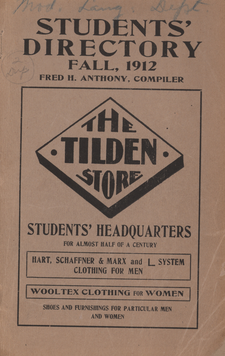 This directory from Iowa State College for the fall 1912 semester contains lists of students, faculty, university offices and clubs, and religious services. Advertisements for community businesses appear throughout the directory along with an academic calendar, map of the campus and local community, athletics information, and general college history and information.