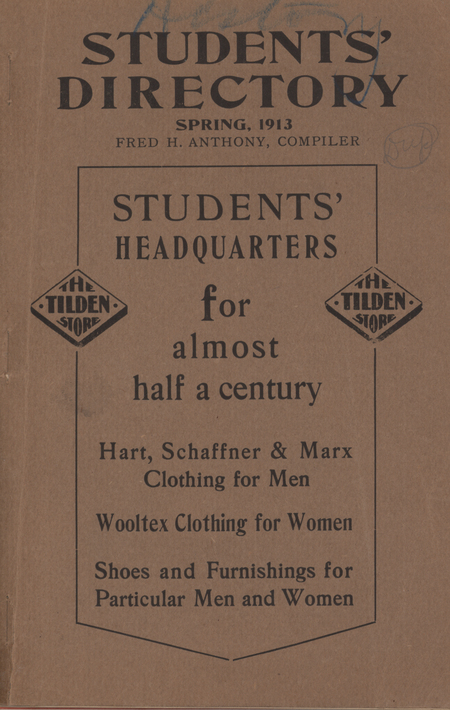 This directory from Iowa State College for the spring 1913 semester contains lists of students, faculty, university offices and clubs, and religious services. Advertisements for community businesses appear throughout the directory along with an academic calendar, map of the campus and local community, athletics information, and general college history and information.
