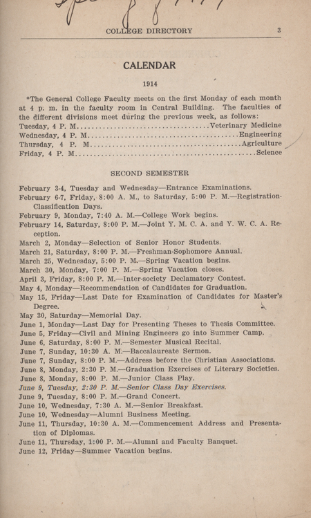This directory from Iowa State College for the spring 1914 semester contains lists of students, faculty, university offices and clubs, and religious services. Advertisements for community businesses appear throughout the directory along with an academic calendar, athletics information, and general college history and information.