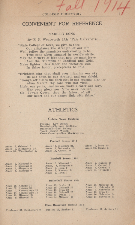 This directory from Iowa State College for the fall 1914 semester contains lists of students, faculty, university offices and clubs, and religious services. Advertisements for community businesses appear throughout the directory along with an academic calendar, maps of the campus and local community, athletics information, and general college history and information.