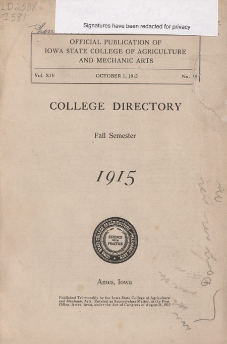 This directory from Iowa State College for the fall 1915 semester contains lists of students, faculty, university offices and clubs, and religious services. Advertisements for community businesses appear throughout the directory along with an academic calendar, map of the campus and local community, athletics information, and general college history and information.