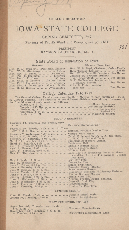 This directory lists faculty and students at Iowa State College for the spring 1917 semester. It also has a list of clubs and committees at the college, railroad timetables, operating hours of various buildings, and athletics scores and schedules. It also has an academic calendar for the semester.