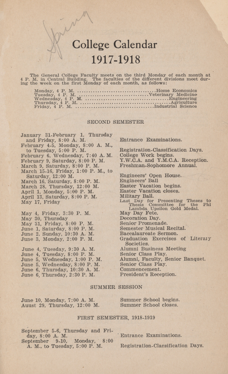 This directory for the spring 1918 semester at Iowa State College contains lists of faculty and students. It also includes an academic calendar, list of clubs, and operating hours of buildings.