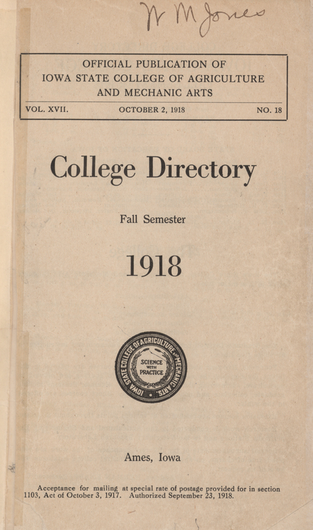This directory lists faculty and students for the fall 1918 semester at Iowa State College. It also includes operating hours for campus buildings and a list of clubs.