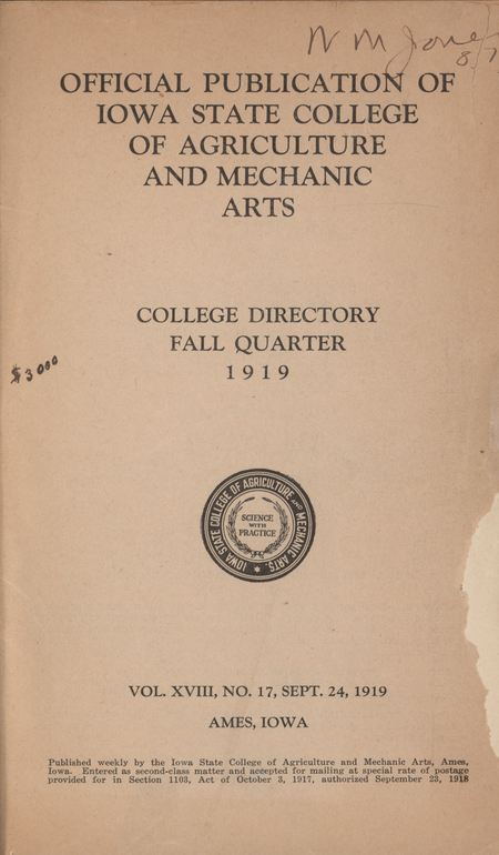 This directory lists faculty and students for the 1919 fall quarter at Iowa State College. It also includes a list of clubs and the operating hours of buildings.