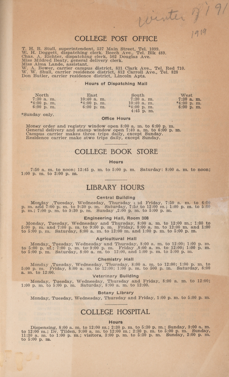 This directory lists students and faculty at Iowa State College for winter 1919 quarter. It also contains a list of clubs and the operating hours of certain buildings.
