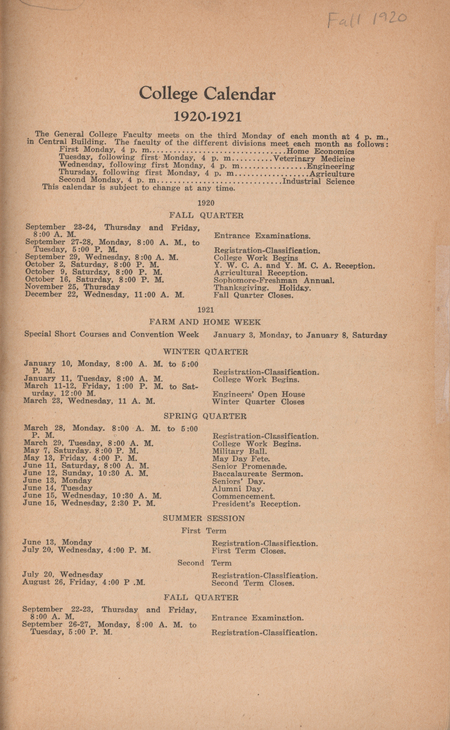 This directory lists students and faculty at Iowa State College in fall 1920 quarter. It also includes a list of clubs, schedule of the academic year, and building operating hours.