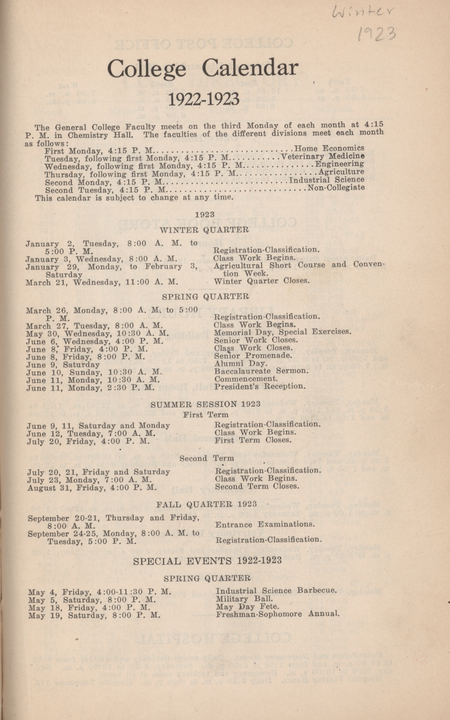 This directory from Iowa State College for the winter quarter of 1923 contains lists of students, faculty, university offices, and campus clubs. It also includes the academic calendar for 1922���1923, information about campus services such as the library, hospital, and post office, and a directory of campus departments and personnel.
