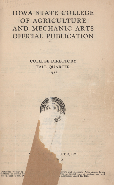 This directory from Iowa State College's 1923 fall quarter lists student and faculty members at the college. It also lists information about various campus buildings and provides the calendar for the 1923-1924 academic year. Another calendar lists special events for the academic year.