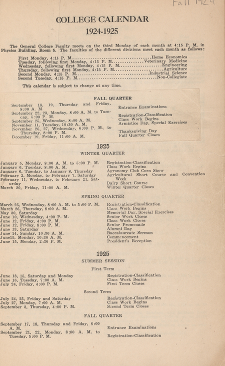 This directory is from the Iowa State College fall 1924 quarter. It lists faculty and students at the college, and the hours of buildings on campus. It also includes an academic calendar and a calendar of special events.
