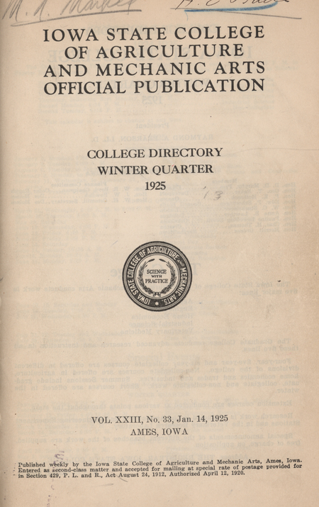 This directory is from the Iowa State College winter 1925 quarter. It lists faculty and students at the college, and the hours of buildings on campus. It also includes an academic calendar and a calendar of special events.