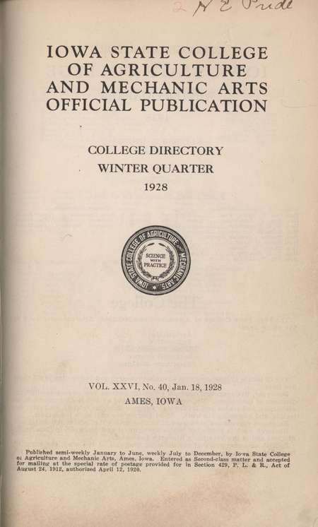 This directory from Iowa State College for the winter 1928 quarter contains lists of students, faculty, university offices, clubs, and an academic calendar.