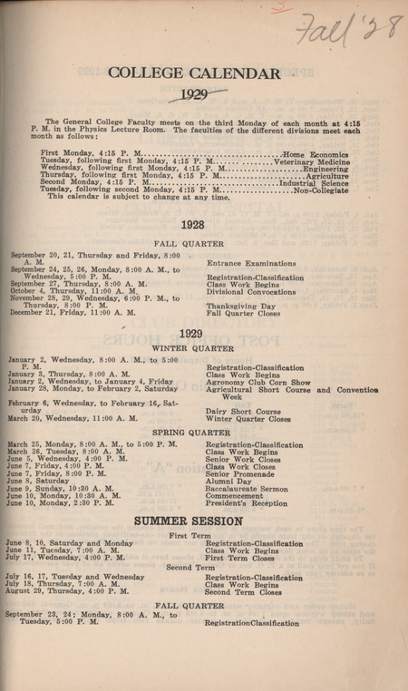 This directory from Iowa State College for the fall 1928 quarter contains lists of students, faculty, university offices, clubs, and an academic calendar.