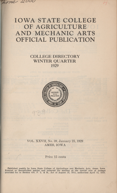 This directory from Iowa State College for the winter 1929 quarter contains lists of students, faculty, university offices, clubs, and an academic calendar.