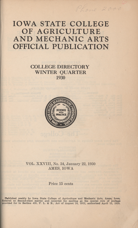This directory from Iowa State College for the winter 1930 quarter contains lists of students, faculty, university offices, clubs, and an academic calendar.