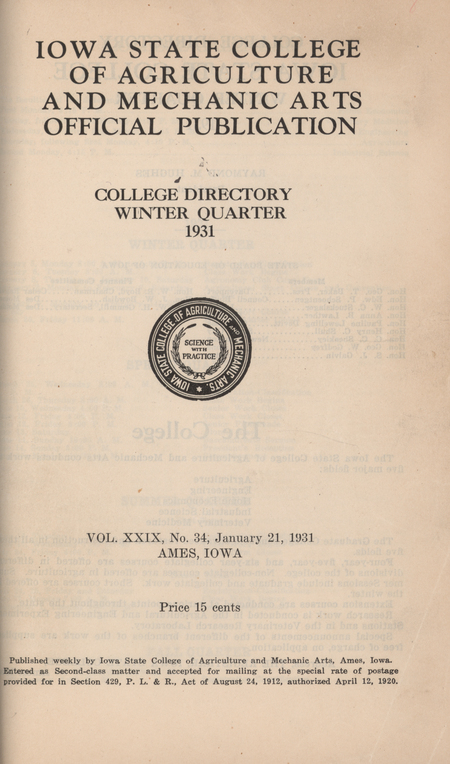This directory from Iowa State College for the winter 1931 quarter contains lists of students, faculty, university offices, clubs, and an academic calendar.
