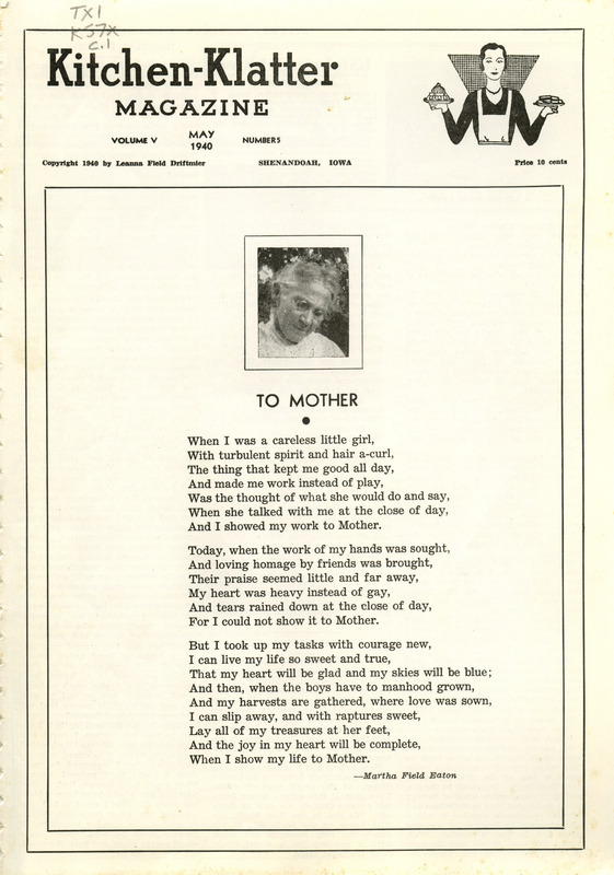 Kitchen-Klatter began as a half-hour radio show with Leanna Driftmier sharing household tips, recipes, and childrearing advice among other topics. The radio show aired from 1926 to 1986, making it the longest-running homemaker program in the history of radio. Kitchen-Klatter magazine was issued monthly from 1936 to 1986 and at one point had a circulation of 150,000.