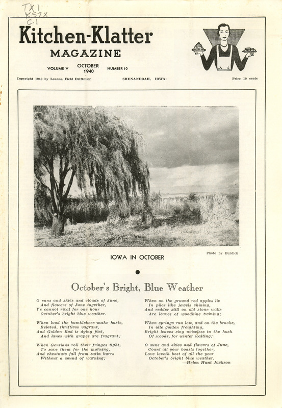 Kitchen-Klatter began as a half-hour radio show with Leanna Driftmier sharing household tips, recipes, and childrearing advice among other topics. The radio show aired from 1926 to 1986, making it the longest-running homemaker program in the history of radio. Kitchen-Klatter magazine was issued monthly from 1936 to 1986 and at one point had a circulation of 150,000.