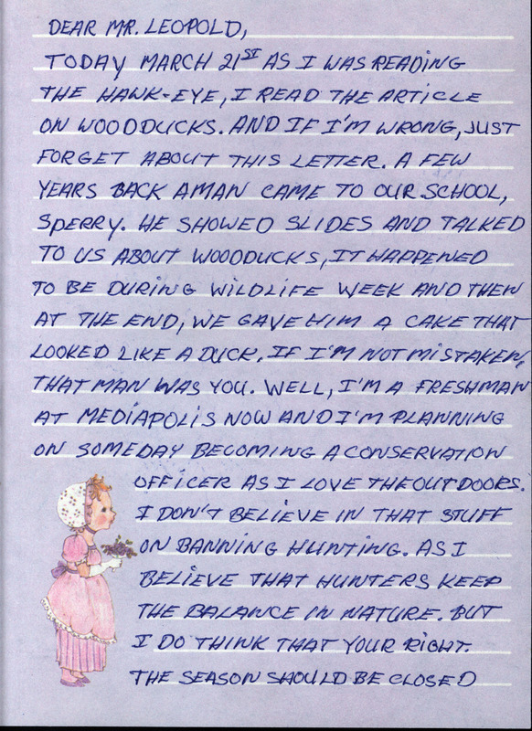 Letter from Ray Warner to Frederic Leopold regarding a wood duck presentation and thoughts on hunting, March 21. The letter details Warner's interest in becoming a conservation officer and his thoughts on a hunting ban.