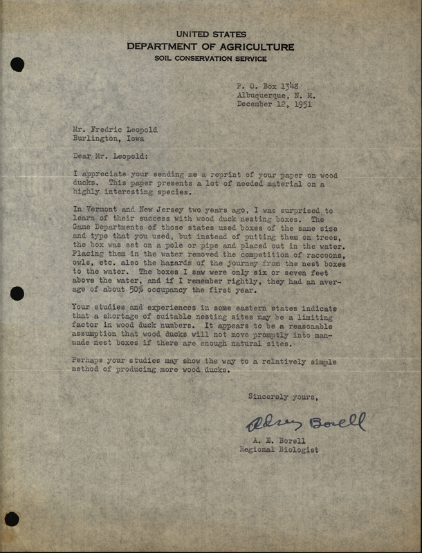 Letter from A. E. Borell to Frederic Leopold regarding wood duck houses, December 12, 1951. The letter details the placement and success of wood duck houses in Vermont and New Jersey.