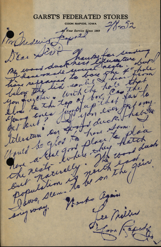 Letter from Lee Miller to Frederic Leopold regarding wood duck houses, February 8, 1952. The letter inquires about the design of wood duck houses and the impact on the duckling's ability to get out of the house.