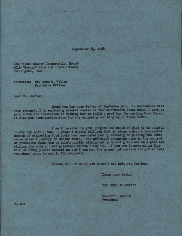 Letter from Frederic Leopold to John C. Welter regarding a request for wood duck house information, September 14, 1964. The letter details instructions on where to place the completed houses to successfully attract wood ducks. This document is in response to a request from John C. Welter.