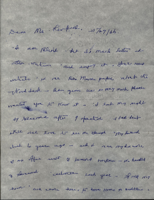 Letter from Sue L. Schroder to Frederic Leopold regarding wood ducks, May 29, 1966. The letter expresses the enjoyment of a recent article about wood ducks that was published in the Des Moines Register. The letter also gives details about life in a home for the blind as well as requesting more stories about wildlife. This document is related to a reply from Frederic Leopold.