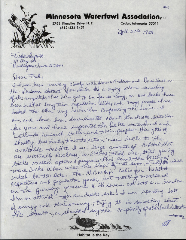 Letter from Bill Gombold to Frederic Leopold regarding duck conservation, April 2, 1988. The letter calls on Leopold's knowledge and insight of waterfowl conservation to help in the fight to end the decrease in the duck population.