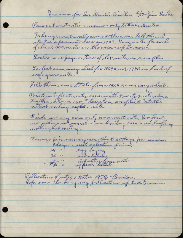 A list of topics to discuss at a visit from members of the Iowa Ornithologists' Union compiled by Frederic Leopold, May 17. The list includes locations on his property to tour and statistics for the nesting wood ducks that utilize his duck houses.