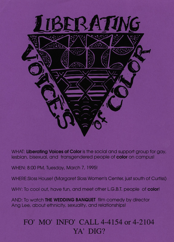 Flier promoting a banquet entitled, "Liberating Voices of Color." The event was in support for gay, lesbian, bisexual, and transgendered people of color on campus.