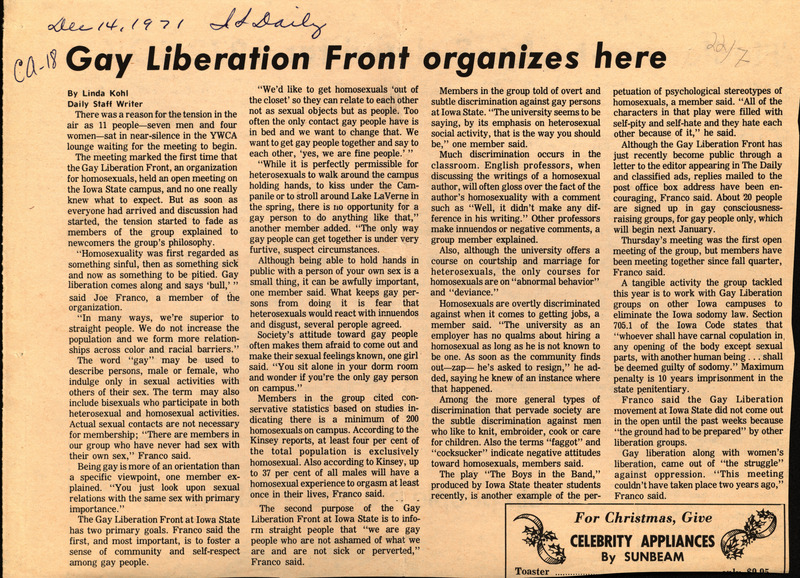 Iowa State Daily article discussing the organization of the Gay Liberation Front at the YWCA for the first time. Commentary on LGBT+ life in Iowa and the University are shared by the people who were present at the event.